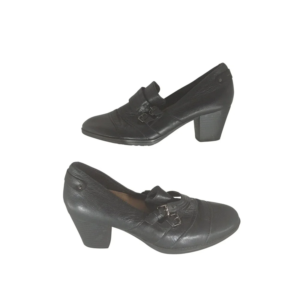 Earth Fia Pumps 9B Black Leather Buckle Block Heel Professional Shoes